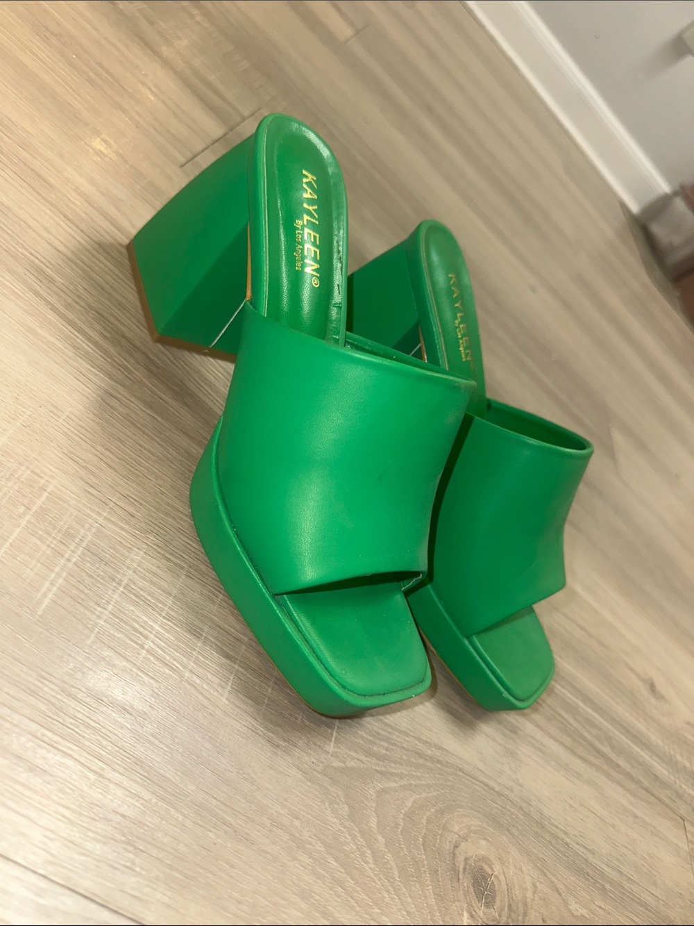 Green Block Heel Slide Sandals